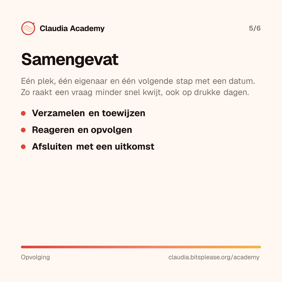 Samenvatting: één plek, één eigenaar en één volgende stap met een datum, zodat een vraag minder snel kwijtraakt. De stappen in het kort: verzamelen en toewijzen, reageren en opvolgen, afsluiten met een uitkomst.
