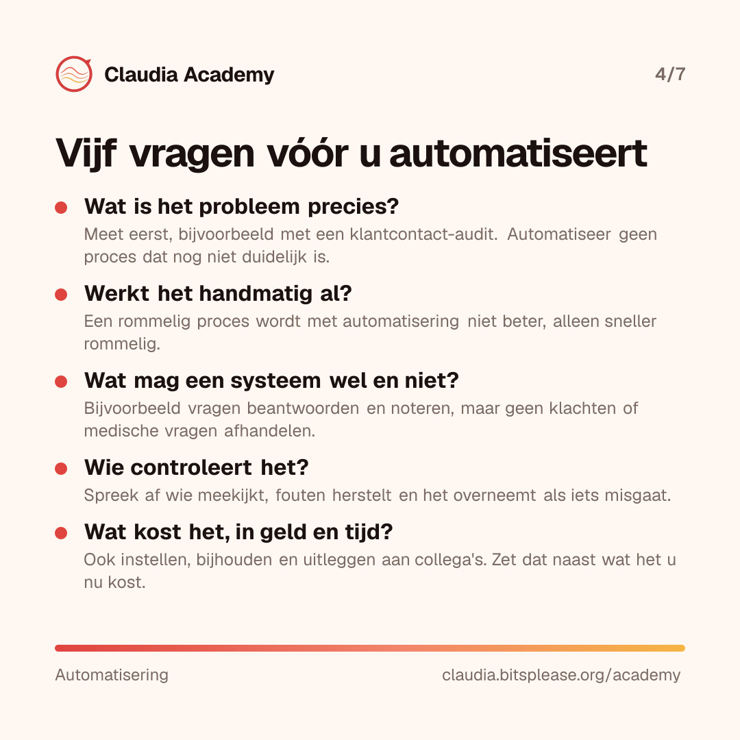 Vijf vragen om te stellen vóór u automatiseert: wat is het probleem precies, gemeten met bijvoorbeeld een audit; werkt het proces handmatig al; wat mag een systeem wel en niet doen; wie controleert het en neemt het over als iets misgaat; en wat kost het in geld en tijd, inclusief instellen en bijhouden.