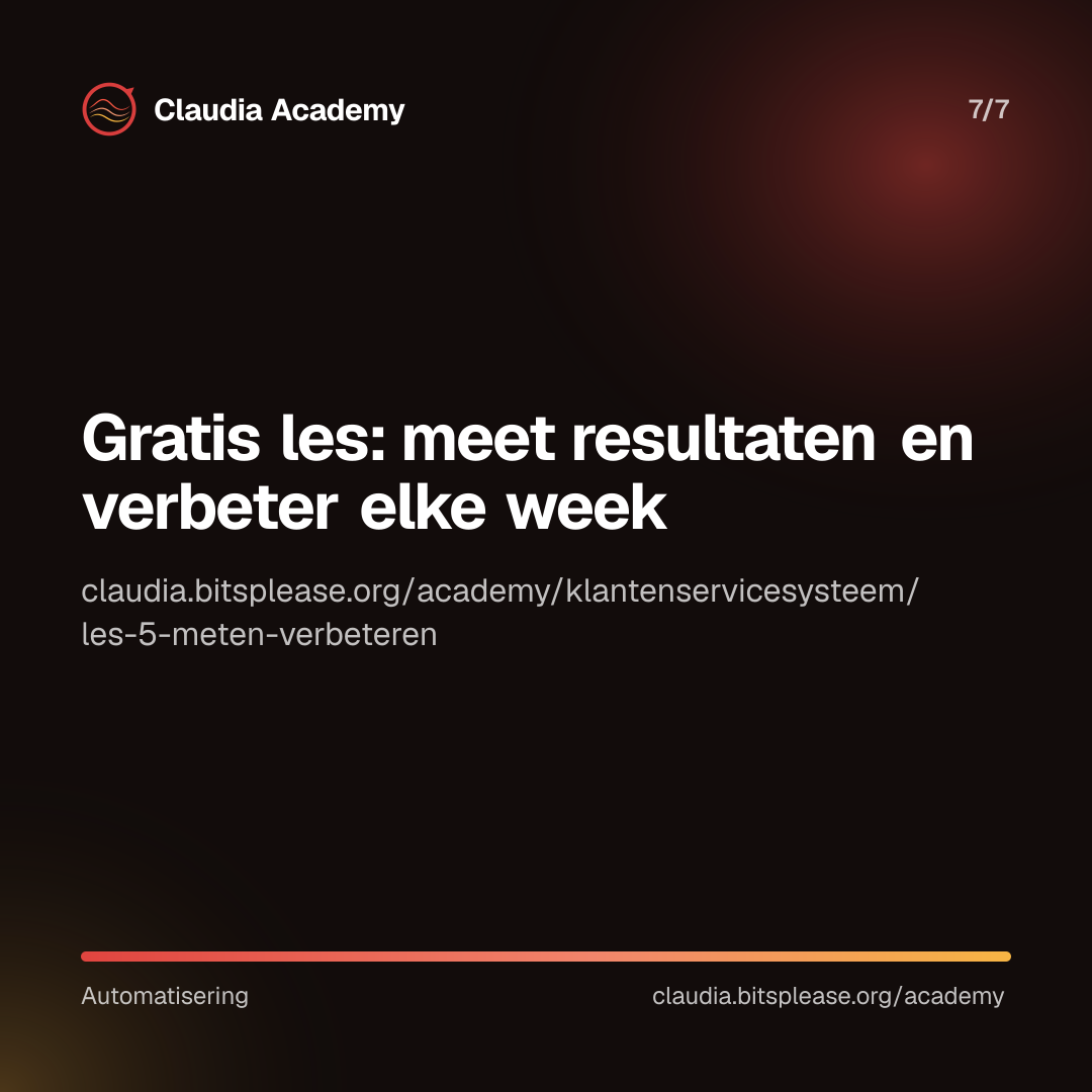 Verwijzing naar de gratis les 'Meet resultaten en verbeter elke week' van Claudia Academy, te vinden op claudia.bitsplease.org/academy/klantenservicesysteem/les-5-meten-verbeteren.