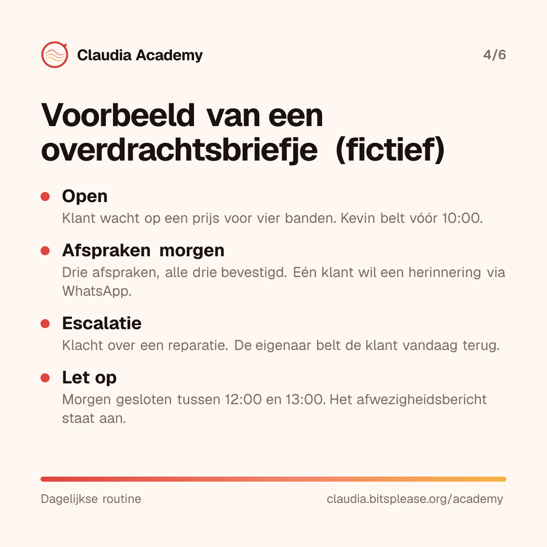 Een fictief voorbeeld van een overdrachtsbriefje. Open: een klant wacht op een prijs voor vier banden en Kevin belt vóór 10 uur. Afspraken morgen: drie, alle bevestigd, één klant wil een herinnering via WhatsApp. Escalatie: een klacht over een reparatie, de eigenaar belt vandaag terug. Let op: morgen tussen 12 en 13 uur gesloten, het afwezigheidsbericht staat aan.
