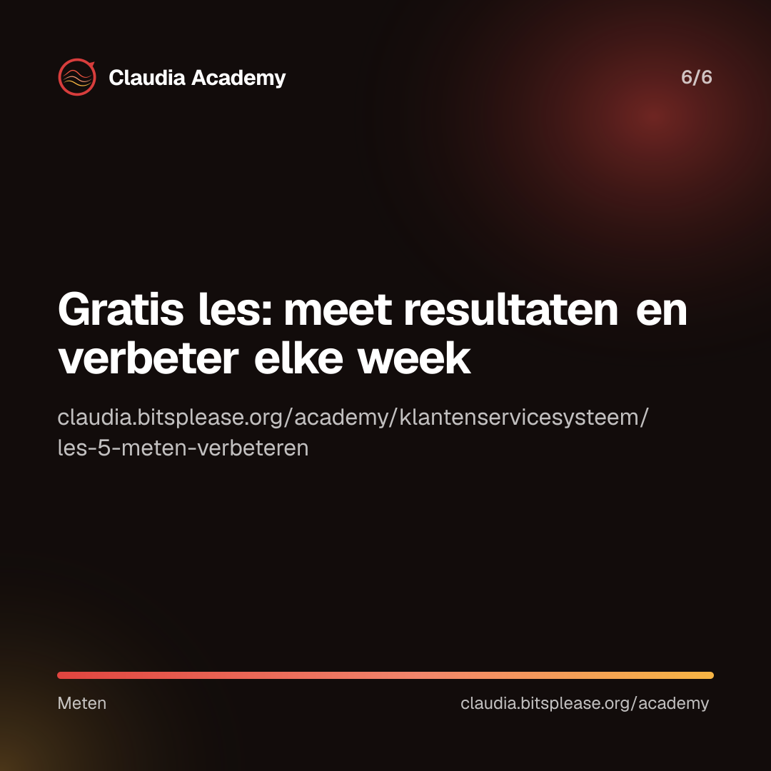 Verwijzing naar de gratis les 'Meet resultaten en verbeter elke week' van Claudia Academy, te vinden op claudia.bitsplease.org/academy/klantenservicesysteem/les-5-meten-verbeteren.