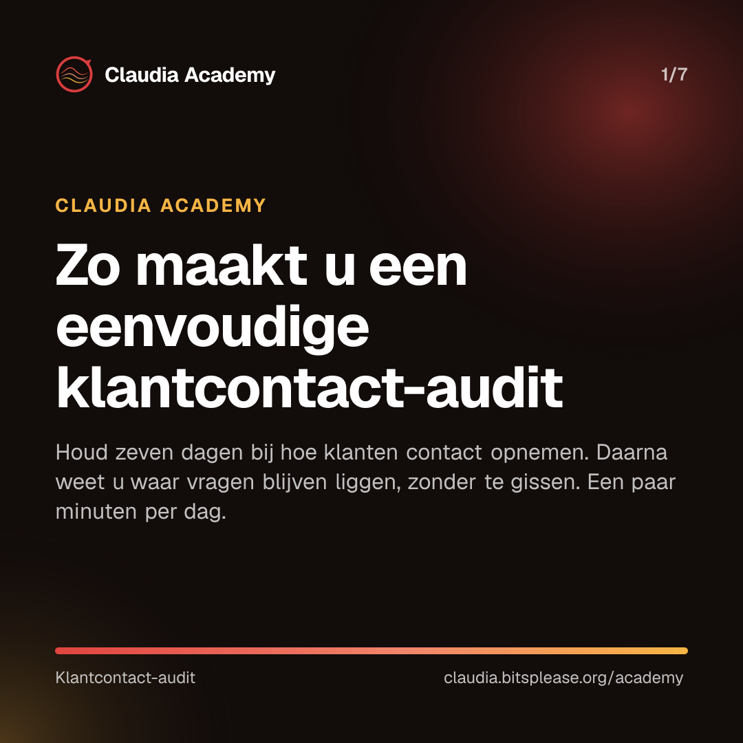 Omslag van Claudia Academy met de titel 'Zo maakt u een eenvoudige klantcontact-audit'. De ondertitel zegt: houd zeven dagen bij hoe klanten contact opnemen, zodat u weet waar vragen blijven liggen; het kost een paar minuten per dag.
