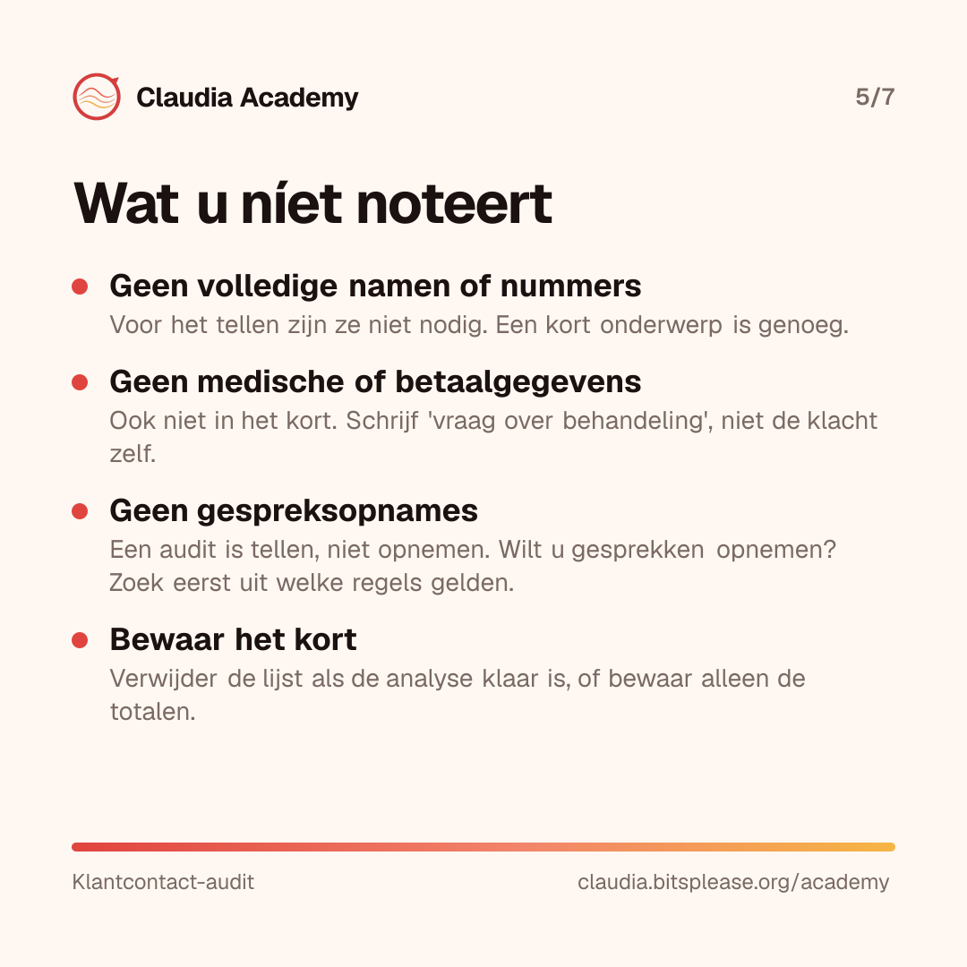 Wat u niet noteert in een klantcontact-audit: geen volledige namen of telefoonnummers; geen medische of betaalgegevens; geen gespreksopnames, want een audit is tellen en voor opnemen gelden regels die u eerst moet uitzoeken. Bewaar de lijst kort en verwijder hem na de analyse, of houd alleen de totalen.