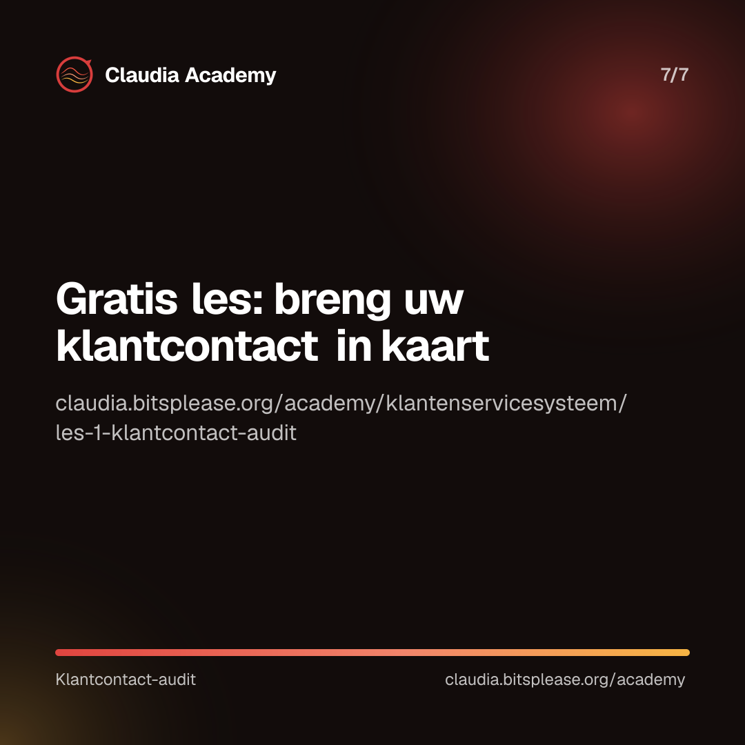 Verwijzing naar de gratis les 'Breng uw klantcontact in kaart' van Claudia Academy, met een invulsjabloon, te vinden op claudia.bitsplease.org/academy/klantenservicesysteem/les-1-klantcontact-audit.