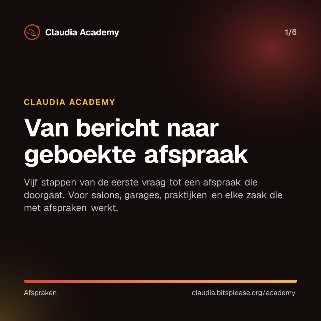 Omslag van Claudia Academy met de titel 'Van bericht naar geboekte afspraak'. De ondertitel zegt: vijf stappen van de eerste vraag tot een afspraak die doorgaat, voor salons, garages, praktijken en elke zaak die met afspraken werkt.