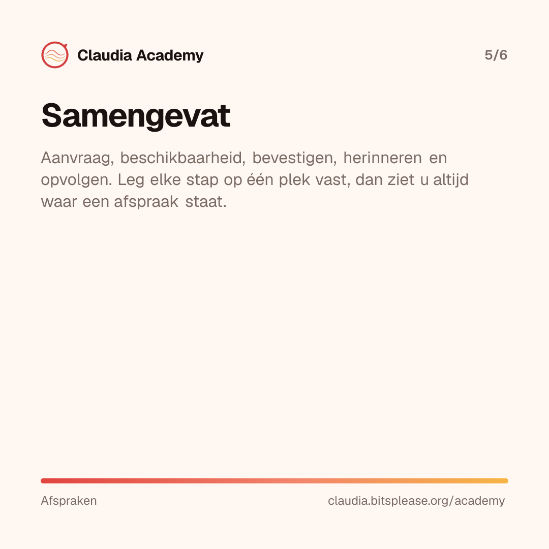 Samenvatting: aanvraag, beschikbaarheid, bevestigen, herinneren en opvolgen. Leg elke stap op één plek vast, dan ziet u altijd waar een afspraak staat.
