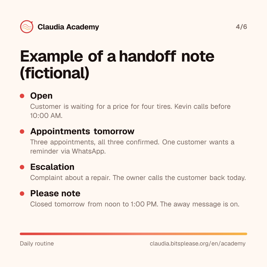 A fictional example of a handoff note. Open: a customer is waiting for a price for four tires, and Kevin calls before 10:00 AM. Appointments tomorrow: three, all confirmed, and one customer wants a reminder via WhatsApp. Escalation: a complaint about a repair, and the owner calls back today. Please note: closed tomorrow from noon to 1:00 PM, and the away message is on.