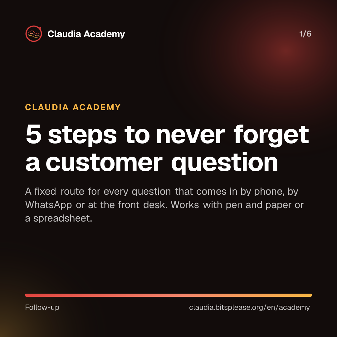 Claudia Academy cover with the title “5 steps to never forget a customer question.” The subtitle says it is about a fixed route for every question that comes in by phone, by WhatsApp or at the front desk, and that it works with pen and paper or a spreadsheet.