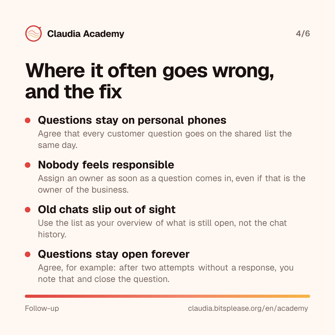 Four common problems and their fixes. Questions stay on personal phones: put them on the shared list the same day. Nobody feels responsible: assign an owner as soon as a question comes in. Old chats slip out of sight: use the list as your overview, not the chat history. Questions stay open forever: agree, for example, that after two attempts without a response you close the question and note that.