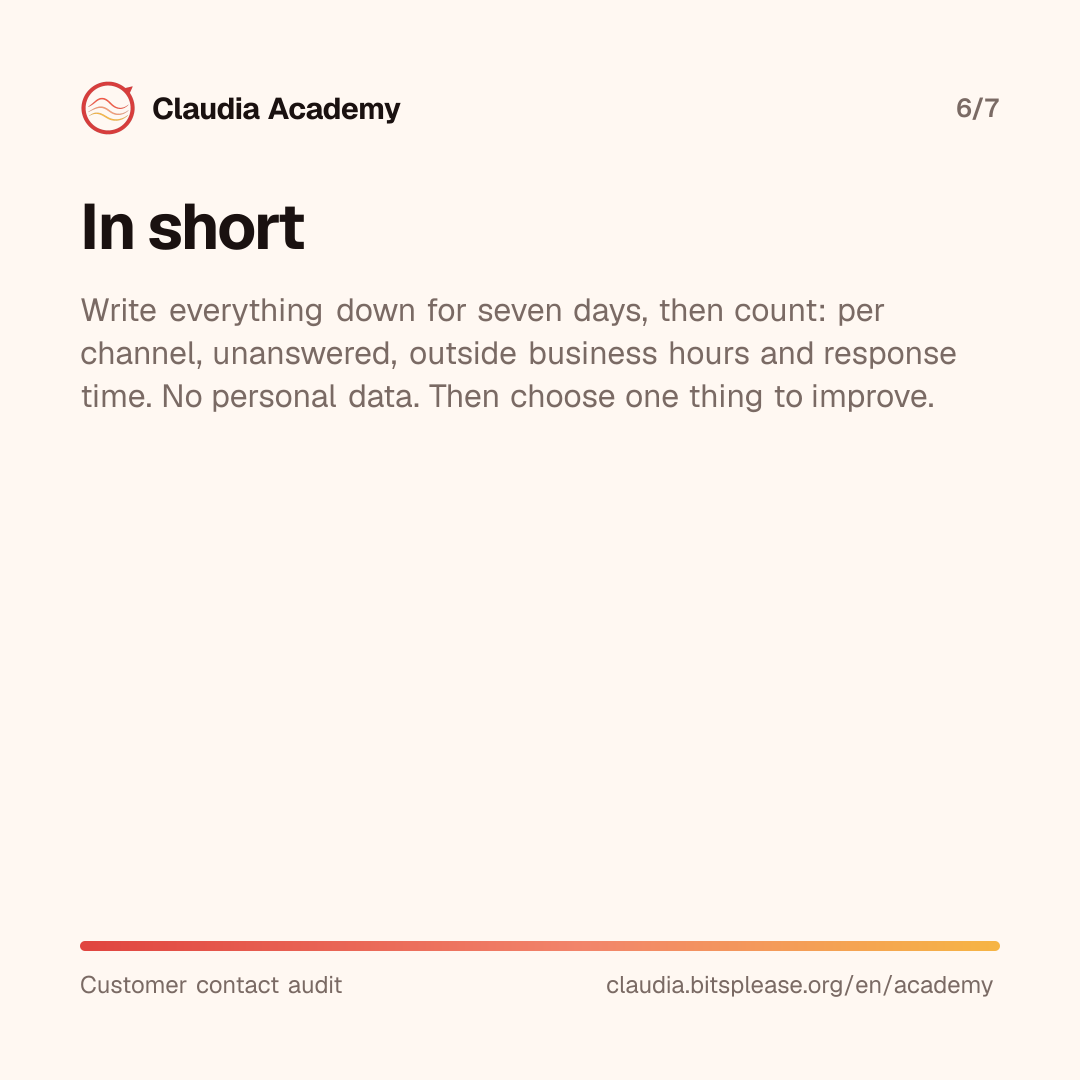 Summary: write everything down for seven days and then count per channel, unanswered, outside business hours and response time, without personal data. Then choose one thing to improve.
