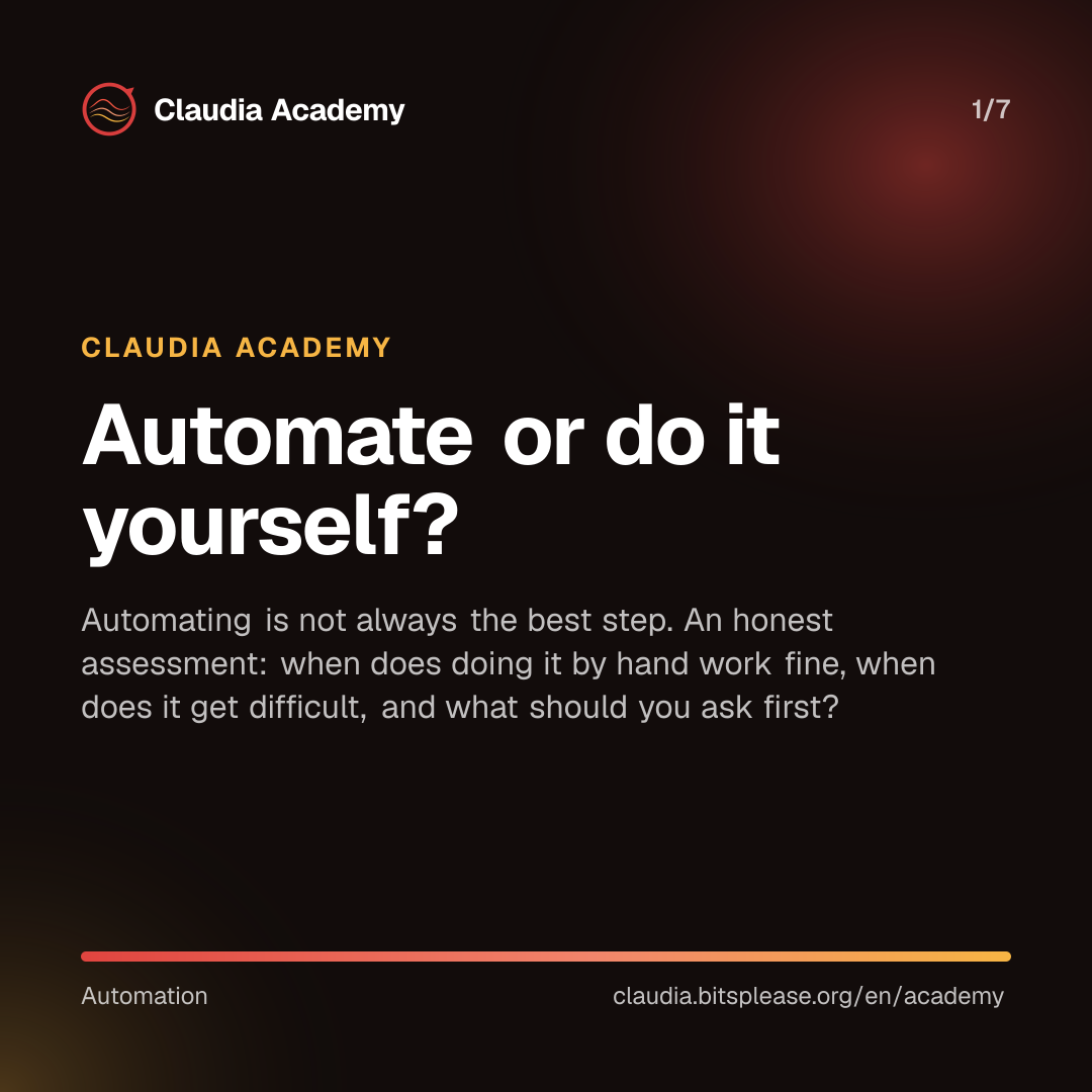 Claudia Academy cover with the title “Automate or do it yourself?” The subtitle says that automating is not always the best step, and promises an honest assessment: when doing it by hand works fine, when it gets difficult and which questions to ask beforehand.