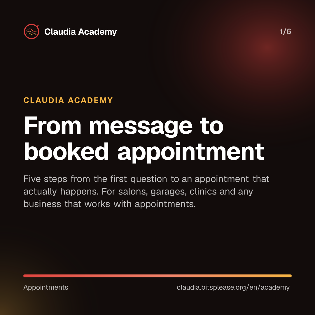 Claudia Academy cover with the title “From message to booked appointment.” The subtitle says: five steps from the first question to an appointment that actually happens, for salons, garages, clinics and any business that works with appointments.