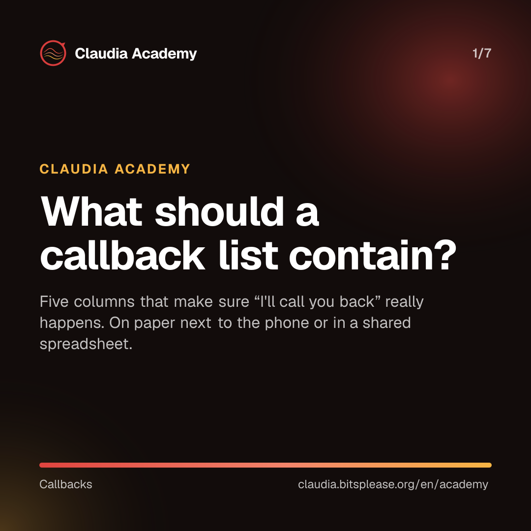 Claudia Academy cover with the title “What should a callback list contain?” The subtitle says: five columns that make sure “I'll call you back” really happens, on paper or in a shared spreadsheet.