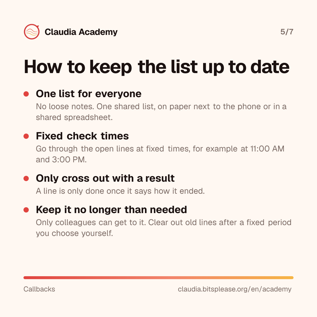 Four tips for keeping the callback list up to date: use one shared list for everyone; go through the open lines at fixed times, for example at 11:00 AM and 3:00 PM; only cross out a line once a result is written down; and keep the list out of reach of others and no longer than needed.